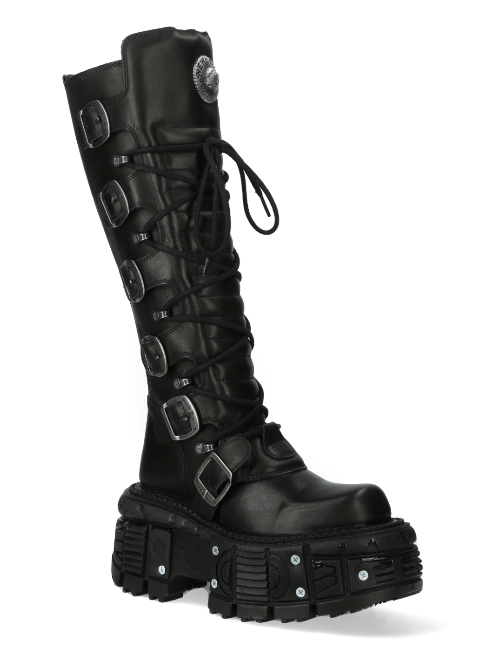 Gothic black leather lace-up platform boots with buckles, showcasing a punk rock design and extreme New Rock style.