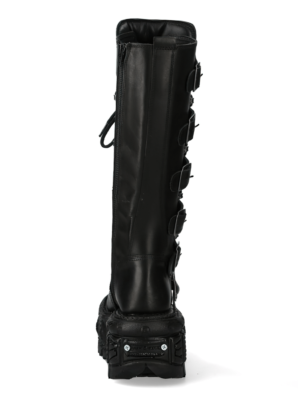 New Rock Gothic leather lace-up platform boots showing back view with buckles and zipper detail.