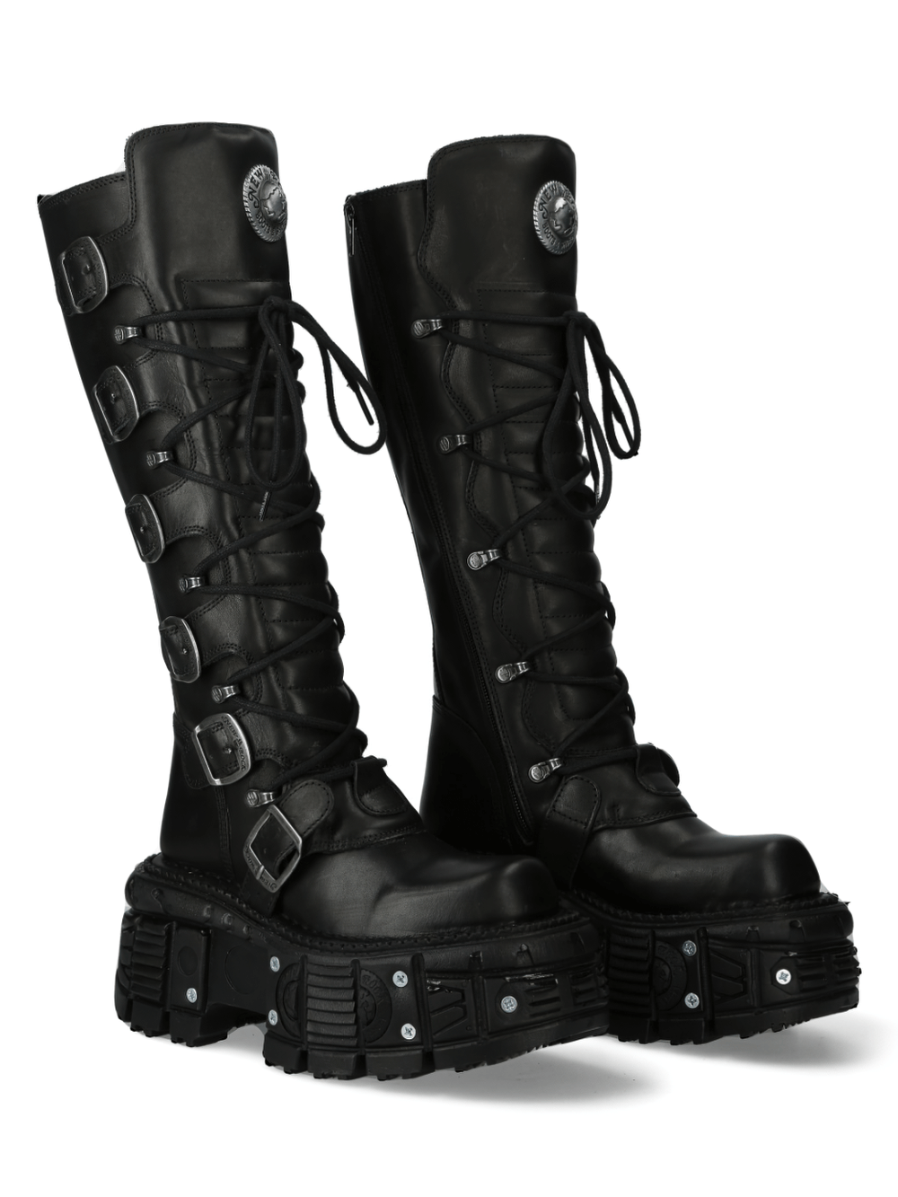 NEW ROCK Gothic leather platform lace-up boots with buckles and edgy design, perfect for punk and rock fashion enthusiasts.