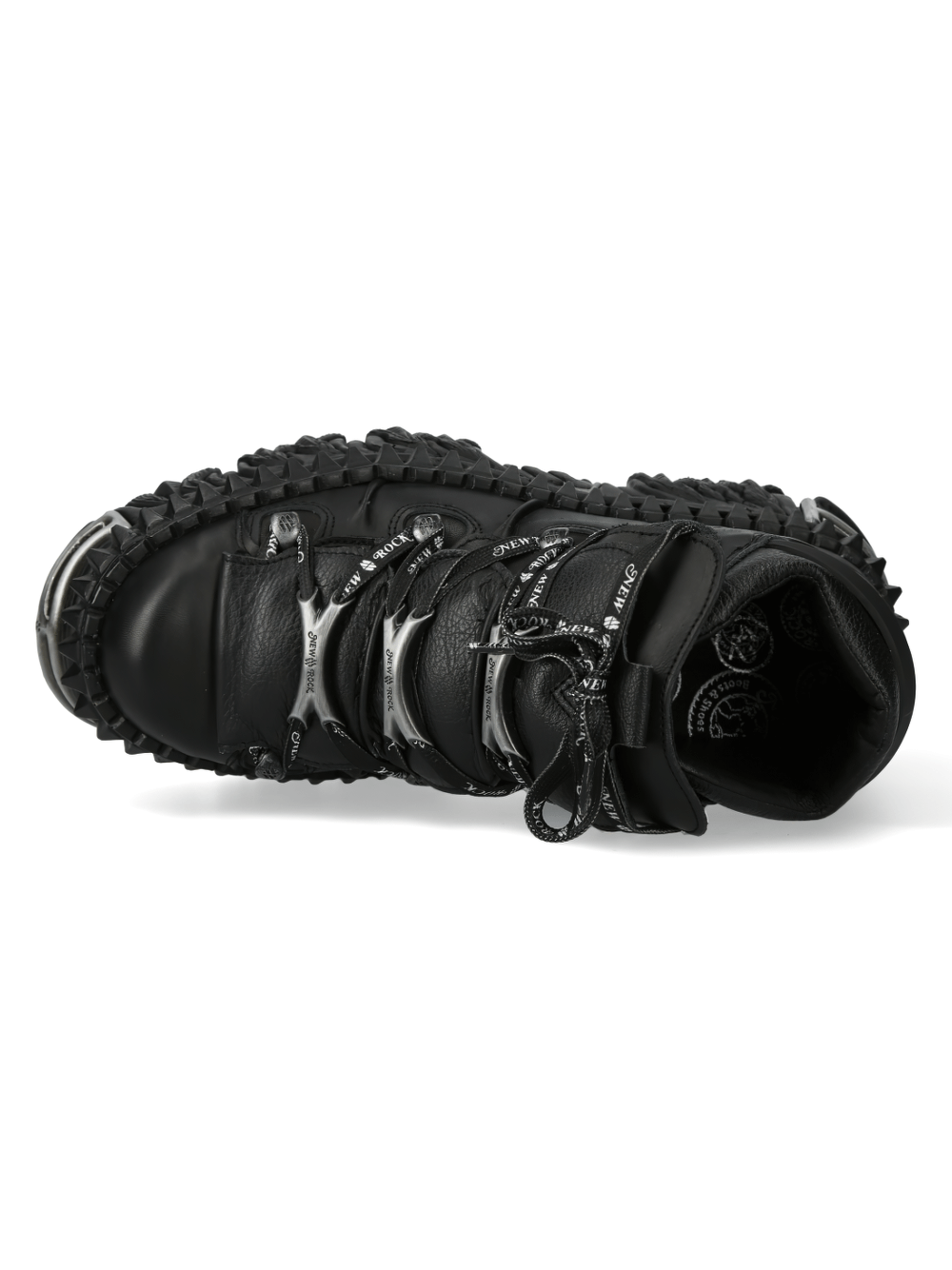 Top view of NEW ROCK Gothic Leather Platform Rocker Shoes with metallic details and rugged lace-up design.