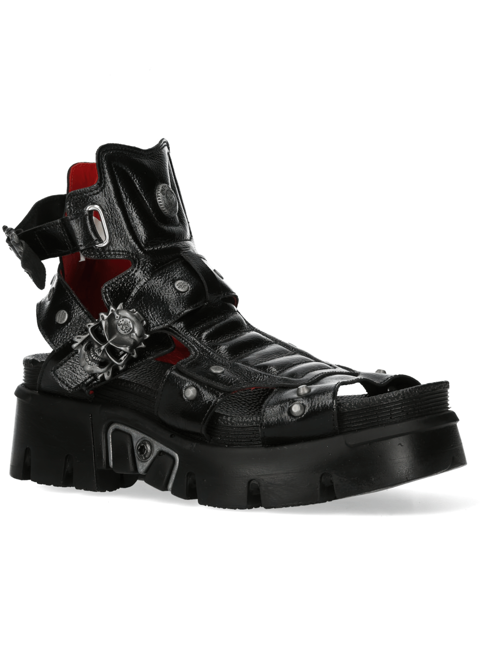 NEW ROCK Gothic male shoes in black leather with skull buckle and red accents, featuring a punk rock design.