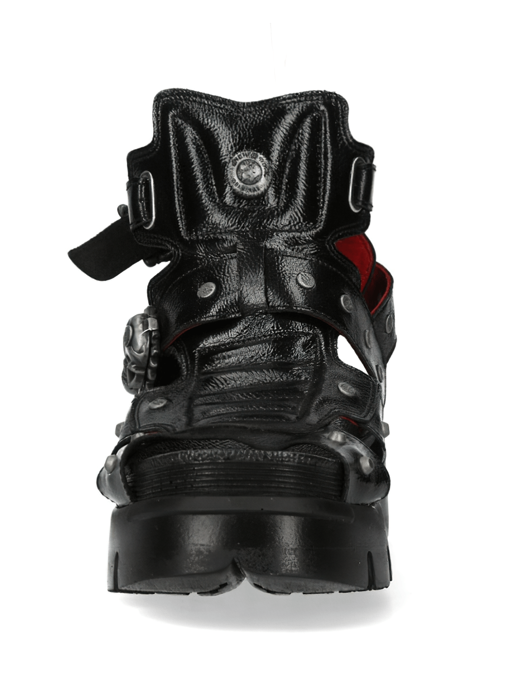 NEW ROCK Gothic black leather shoes with skull buckle and red accents, showcasing a bold punk design.