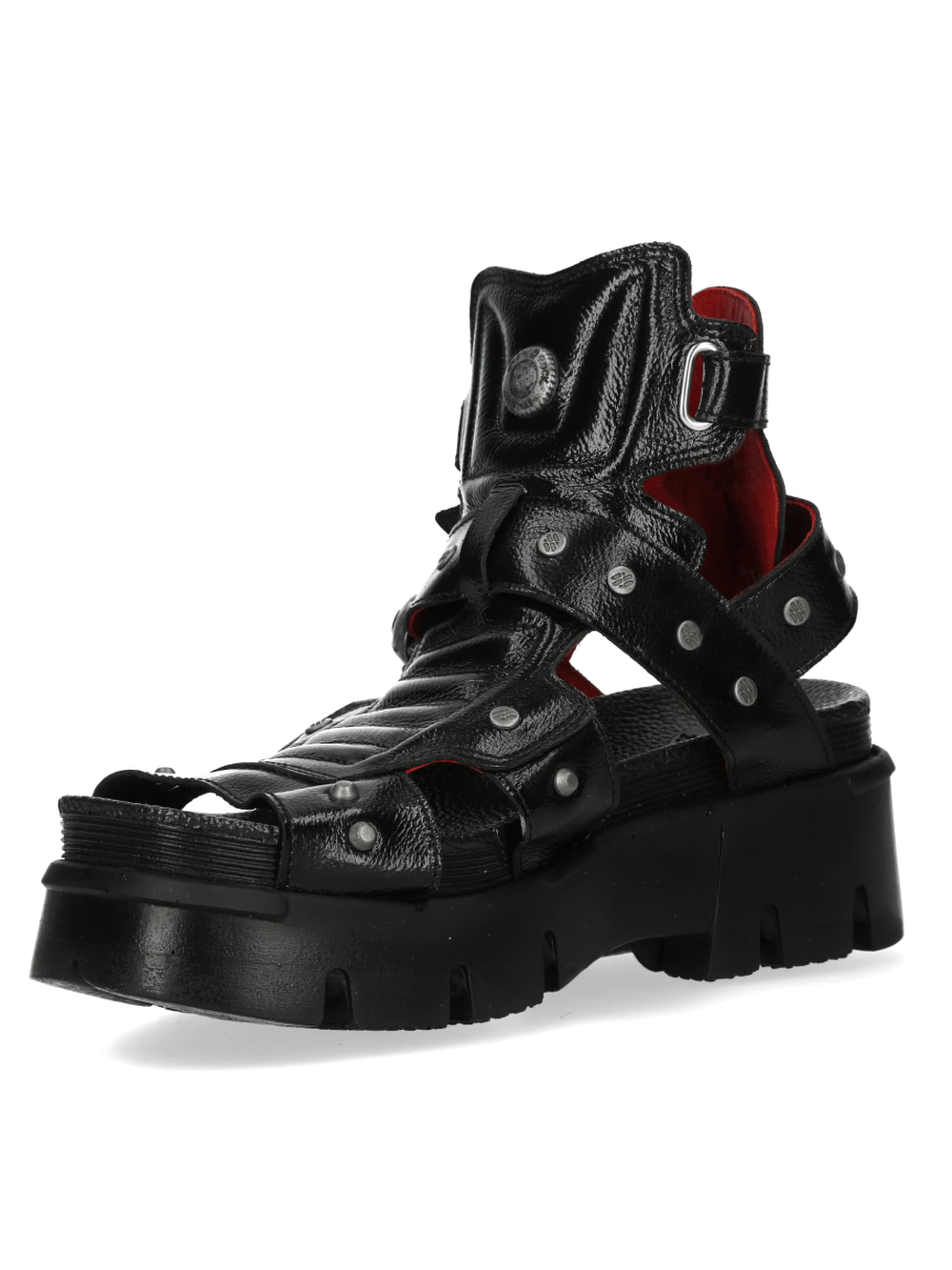 Bold black leather Gothic shoes with skull buckle and red accents, perfect for a punk rock style.