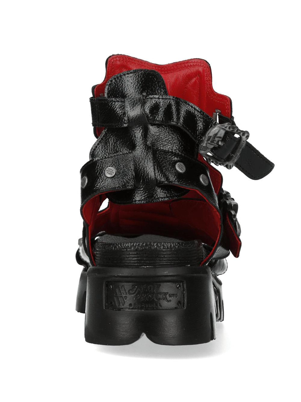 Back view of NEW ROCK Gothic Male Shoes with skull buckle and red accents, showcasing bold punk style.