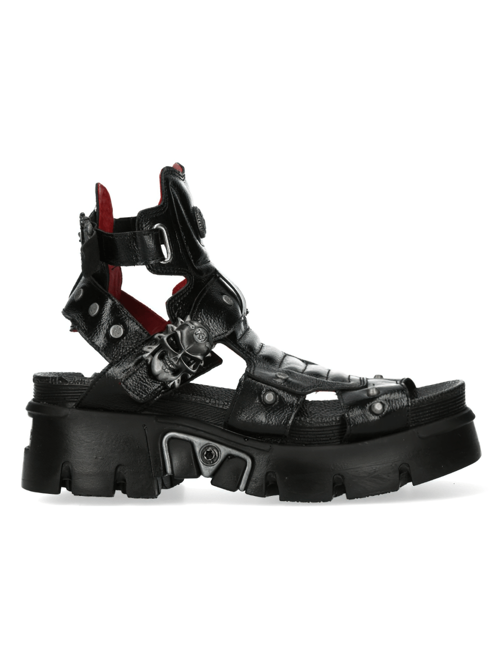 NEW ROCK Gothic shoes, black leather with skull buckle and red accents for bold punk style.