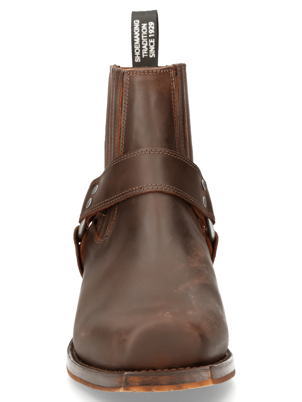 Front view of NEW ROCK Gothic men's dark brown leather ankle boots with buckle accent and durable Goodyear welt construction.