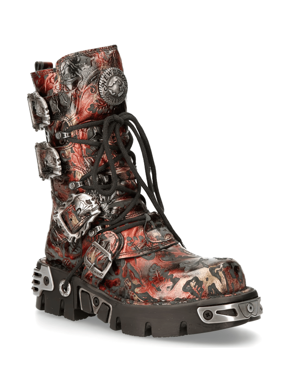 NEW ROCK Men's Gothic Metallic Red Buckle Boot with bold design and durable rubber sole for punk rock fashion.