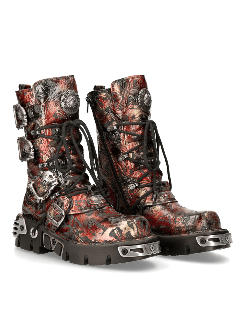 NEW ROCK Men's Gothic Metallic Red Buckle Boots with elaborate design, perfect for punk rock fashion enthusiasts.