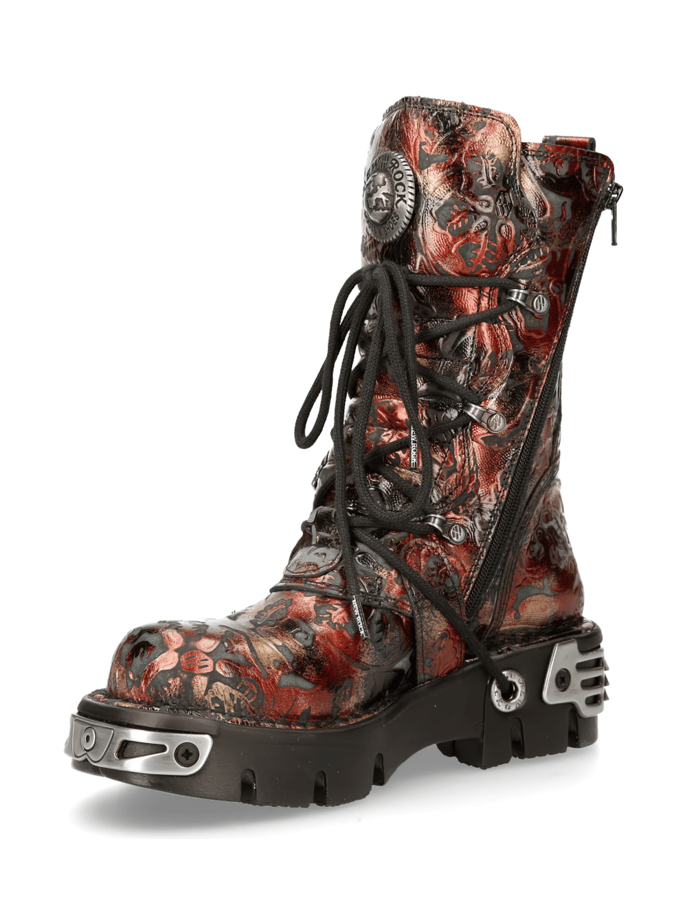 NEW ROCK Men's Gothic Red Metallic Buckle Boots with unique skull design, perfect for punk rock fashion.