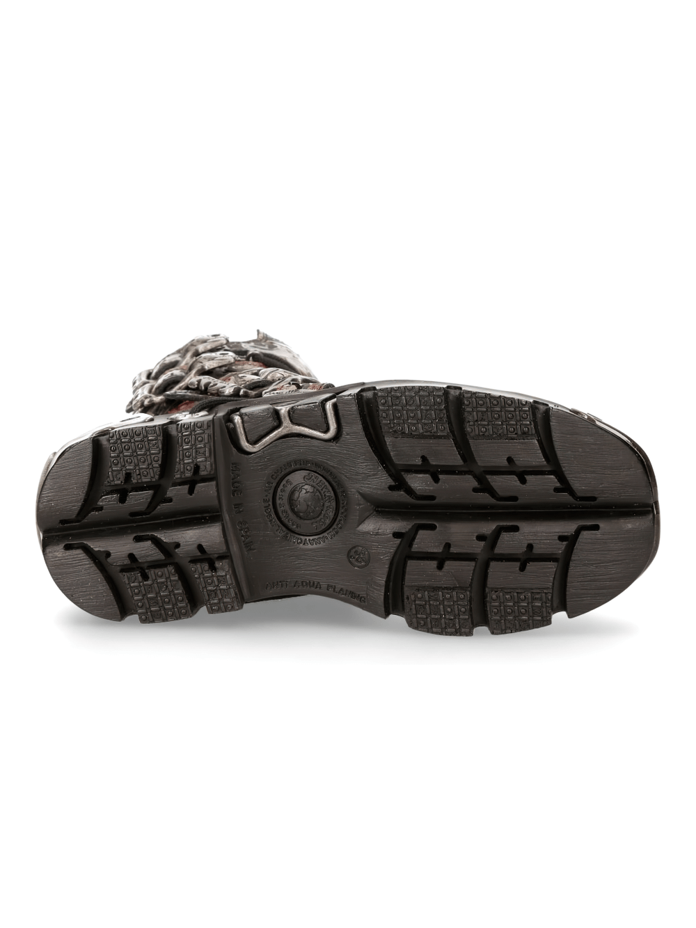 Bottom view of NEW ROCK Men's Gothic Metallic Red Boots showcasing a durable rubber sole and tread pattern.