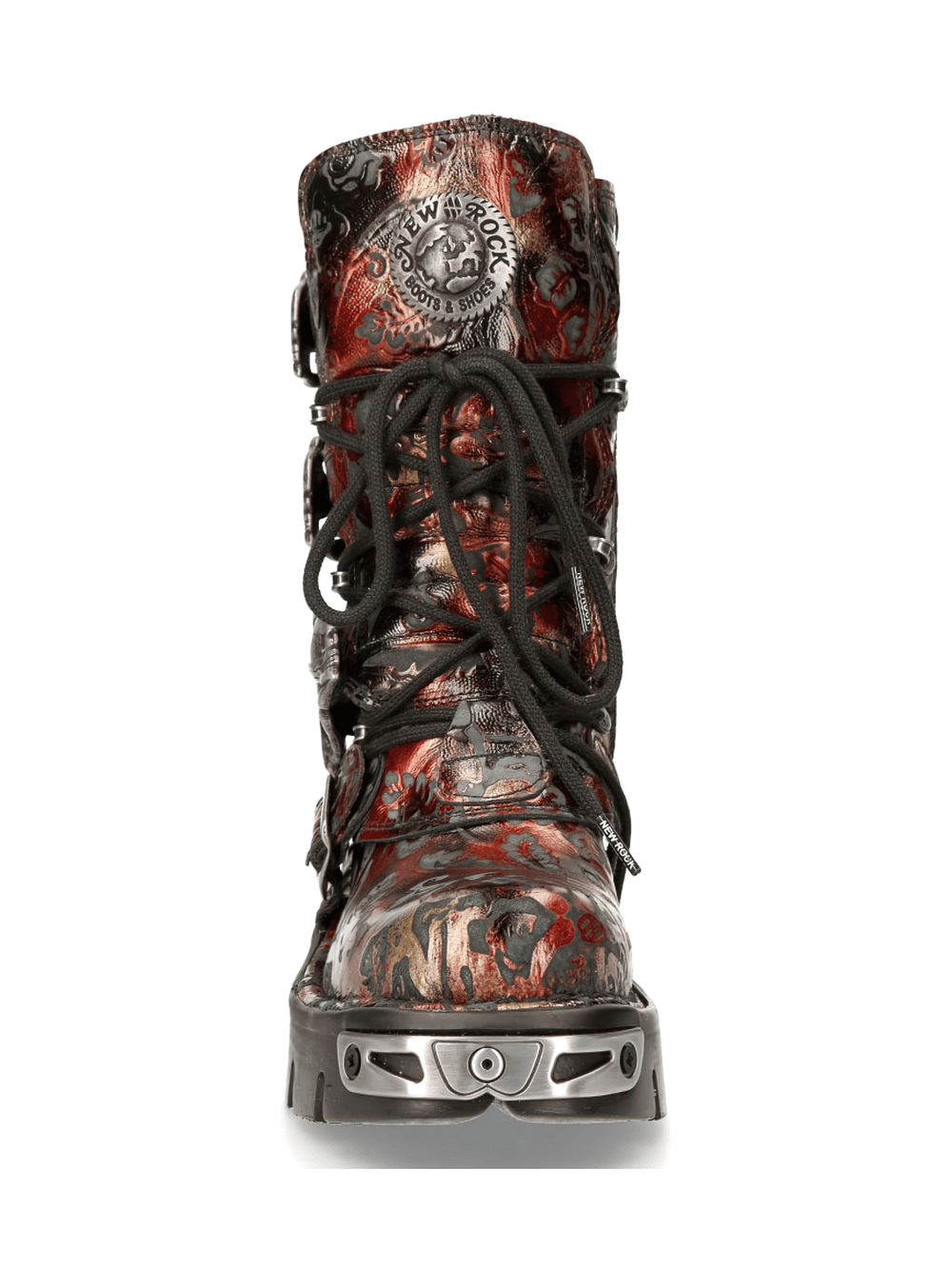 NEW ROCK Men's Gothic Metallic Red Buckle Boots with intricate design and bold colors, perfect for punk rock style.