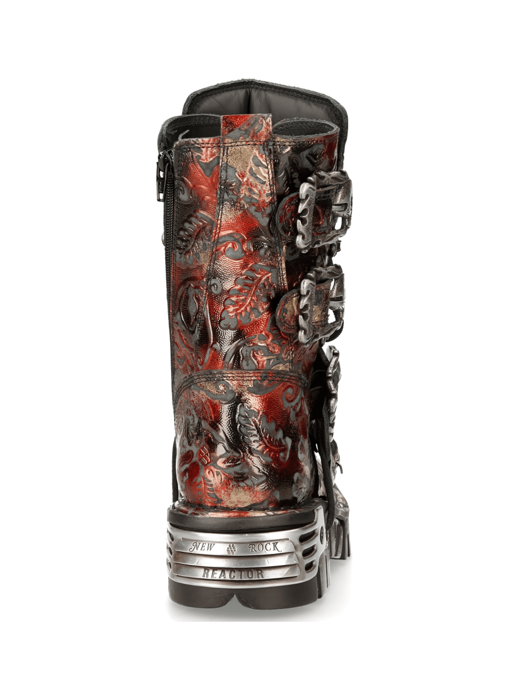 Back view of NEW ROCK Men's Gothic Metallic Red Buckle Boots showcasing intricate designs and bold buckles.