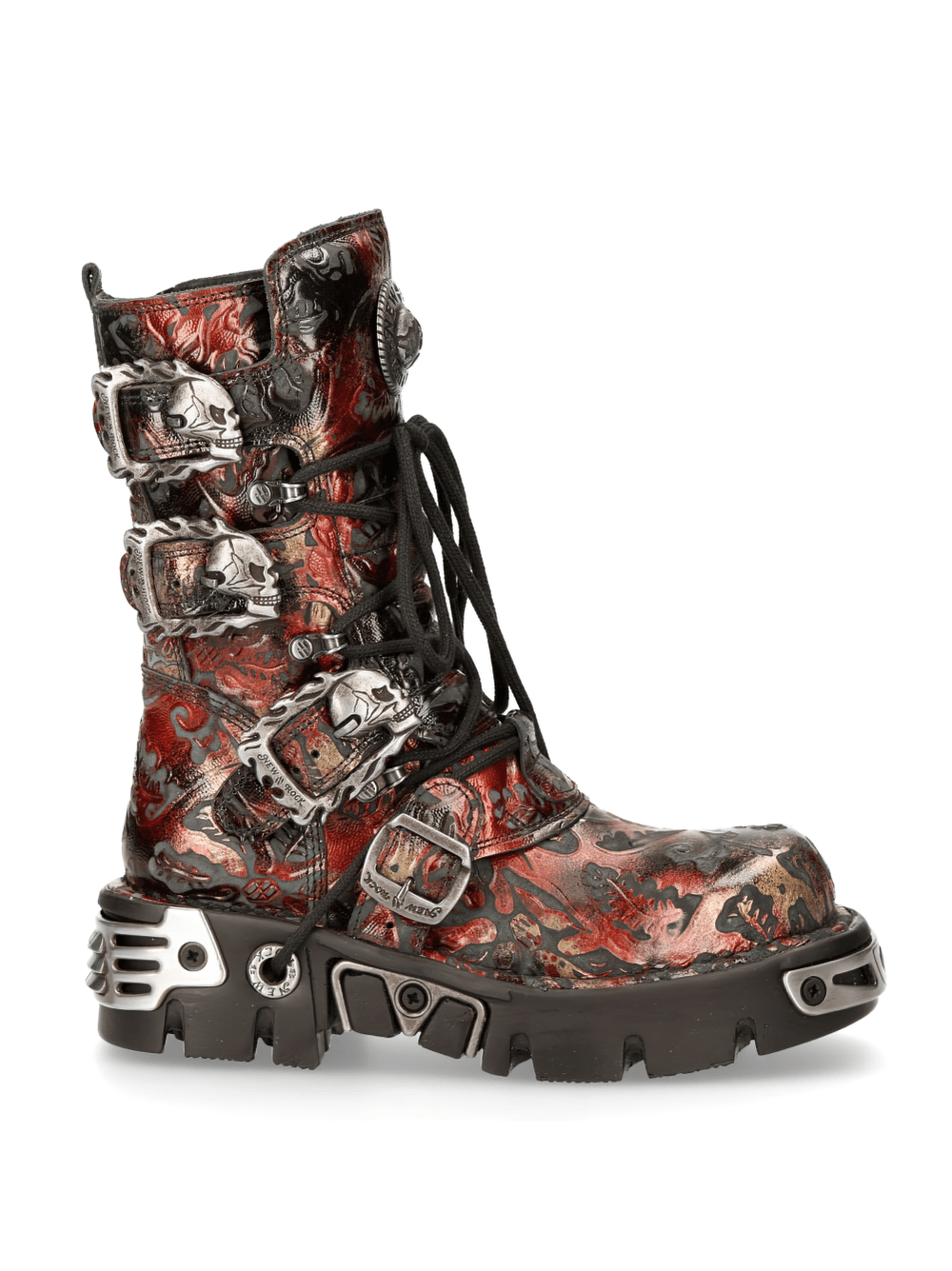 NEW ROCK Men's Gothic Metallic Red Buckle Boots with intricate designs and bold punk style.