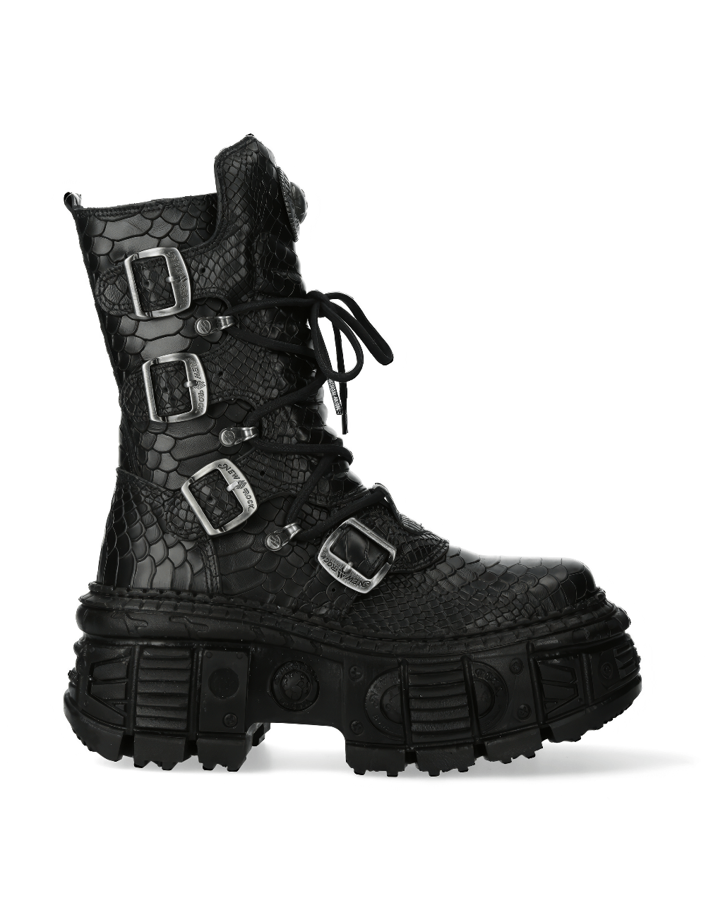 NEW ROCK Gothic Mid-Calf Punk Boots with Buckles and Zipper in Black Leather, featuring a chunky platform sole.