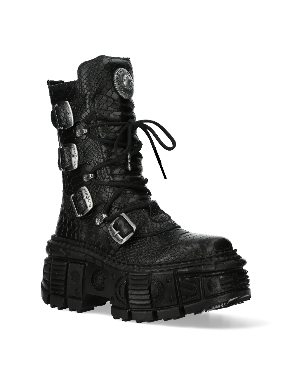 NEW ROCK Gothic mid-calf black boots with buckles, zipper, and lace-up, perfect for punk style enthusiasts.