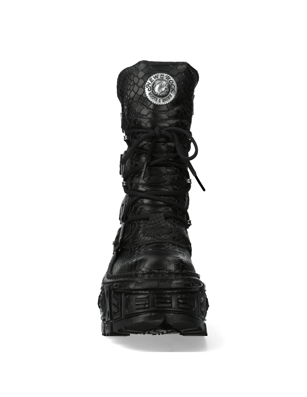 NEW ROCK Gothic mid-calf black boots with lace-up, zipper, and buckle detailing for a punk style look.