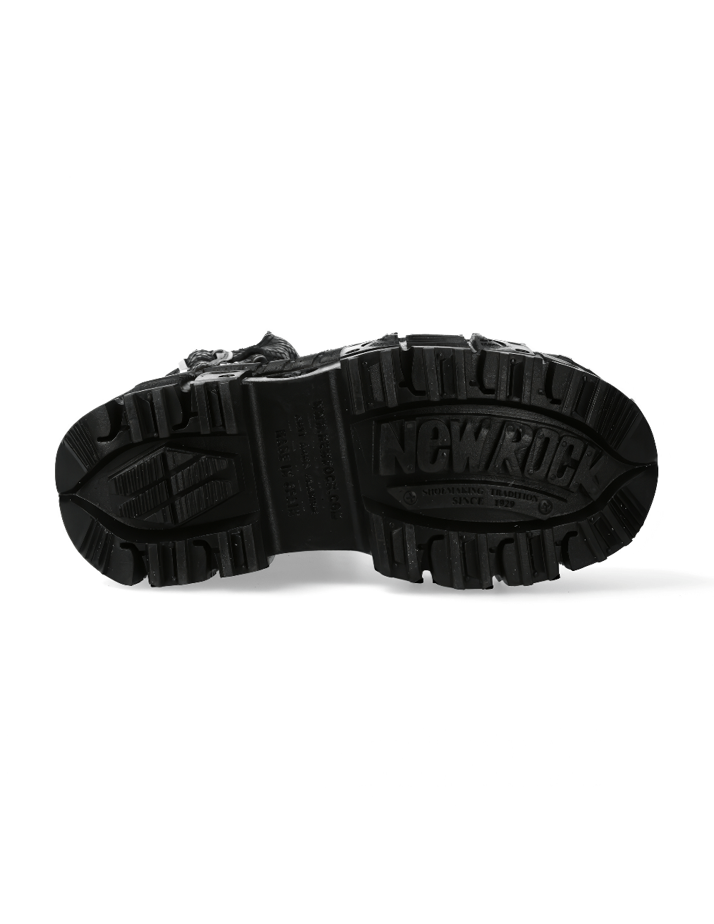 Bottom view of NEW ROCK Gothic mid-calf boots showing tread design and logo, perfect for punk style and goth fashion.