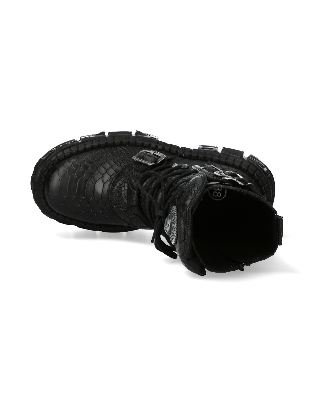 Top view of NEW ROCK Gothic mid-calf black boots, featuring buckle and zipper closures with a stylish reptile texture.