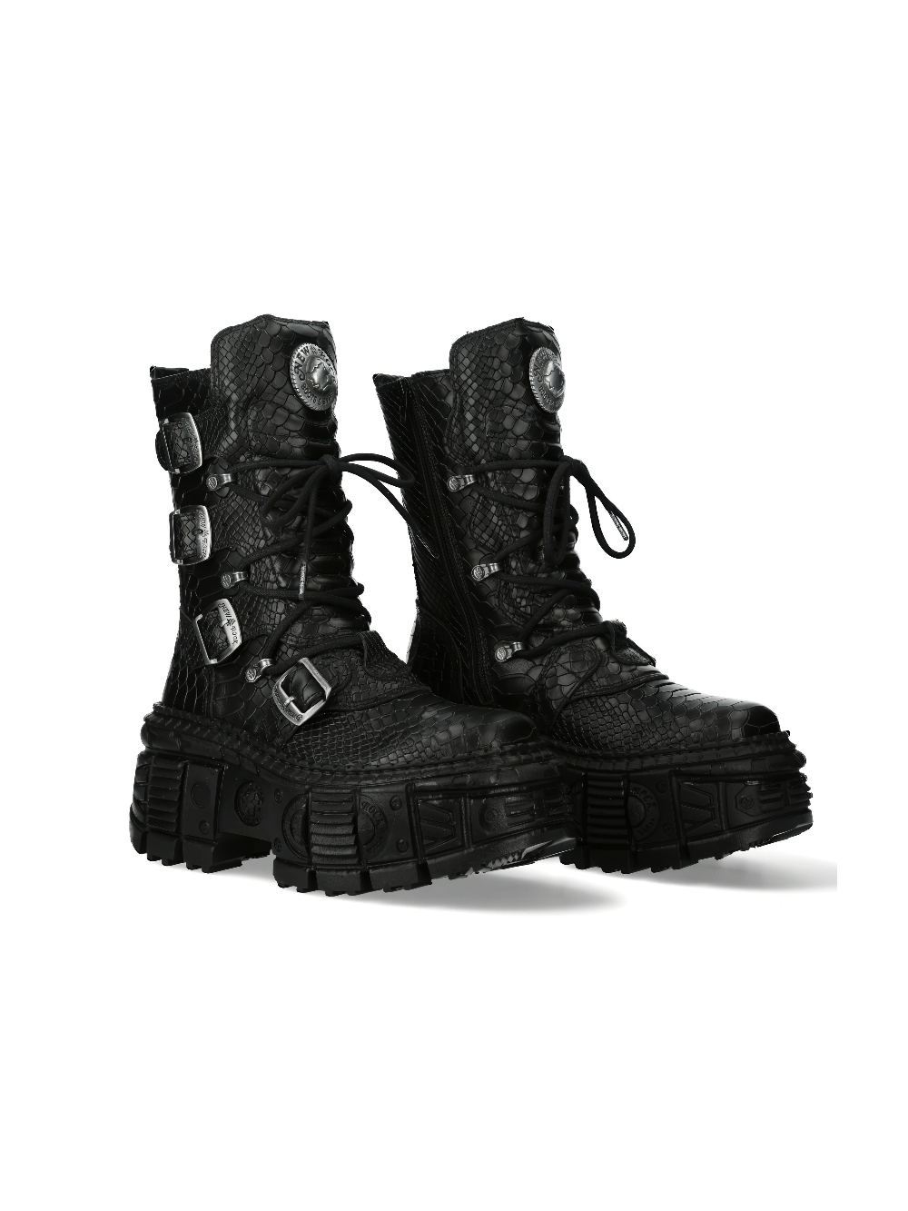 NEW ROCK Gothic mid-calf boots with buckles and zipper in black leather, featuring a punk rock aesthetic.