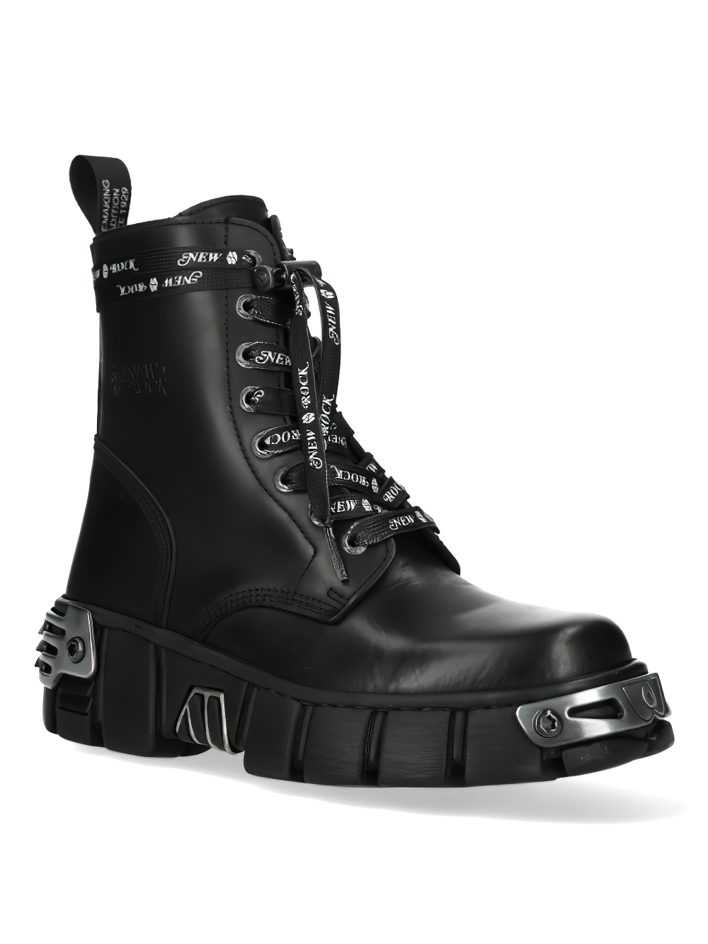 NEW ROCK Gothic military ankle boots in black with lace-up design and metallic accents, blending punk and fashion style.