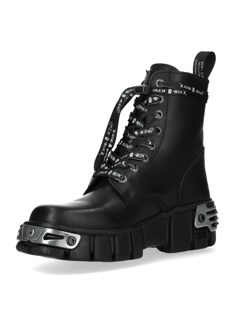 Black Gothic Military Ankle Boots with metal accents and punk rock style, featuring lace-up design and bold platform.