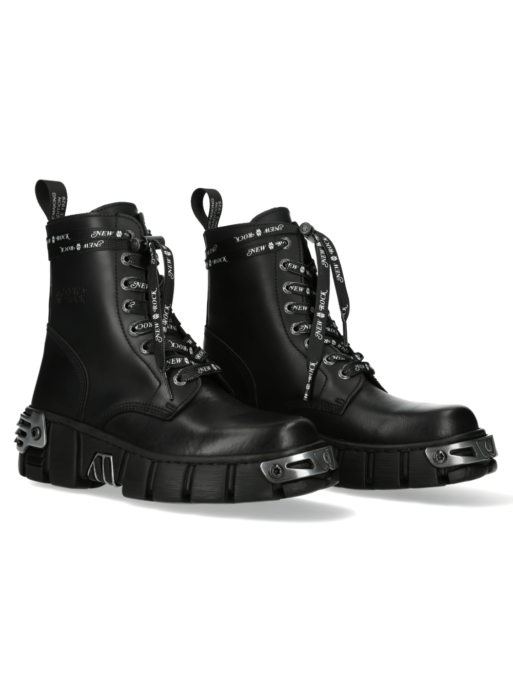NEW ROCK Gothic Military Ankle Boots with metal accents in black leather, featuring a bold punk rock design.