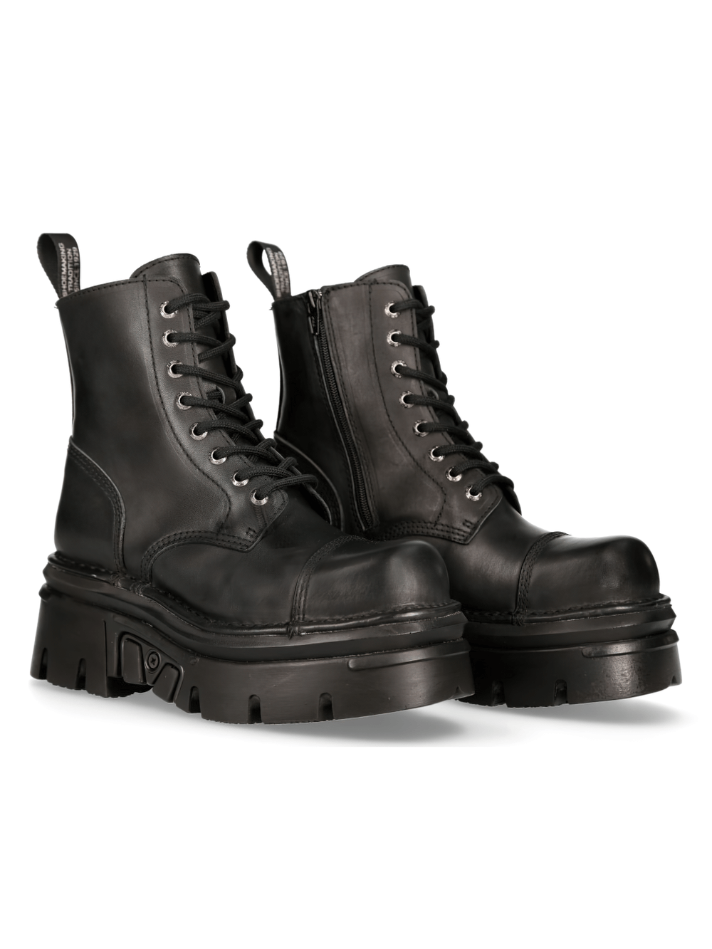 NEW ROCK Gothic Military Black Ankle Boots with flat heels, showcasing punk and rock style, made from genuine leather.