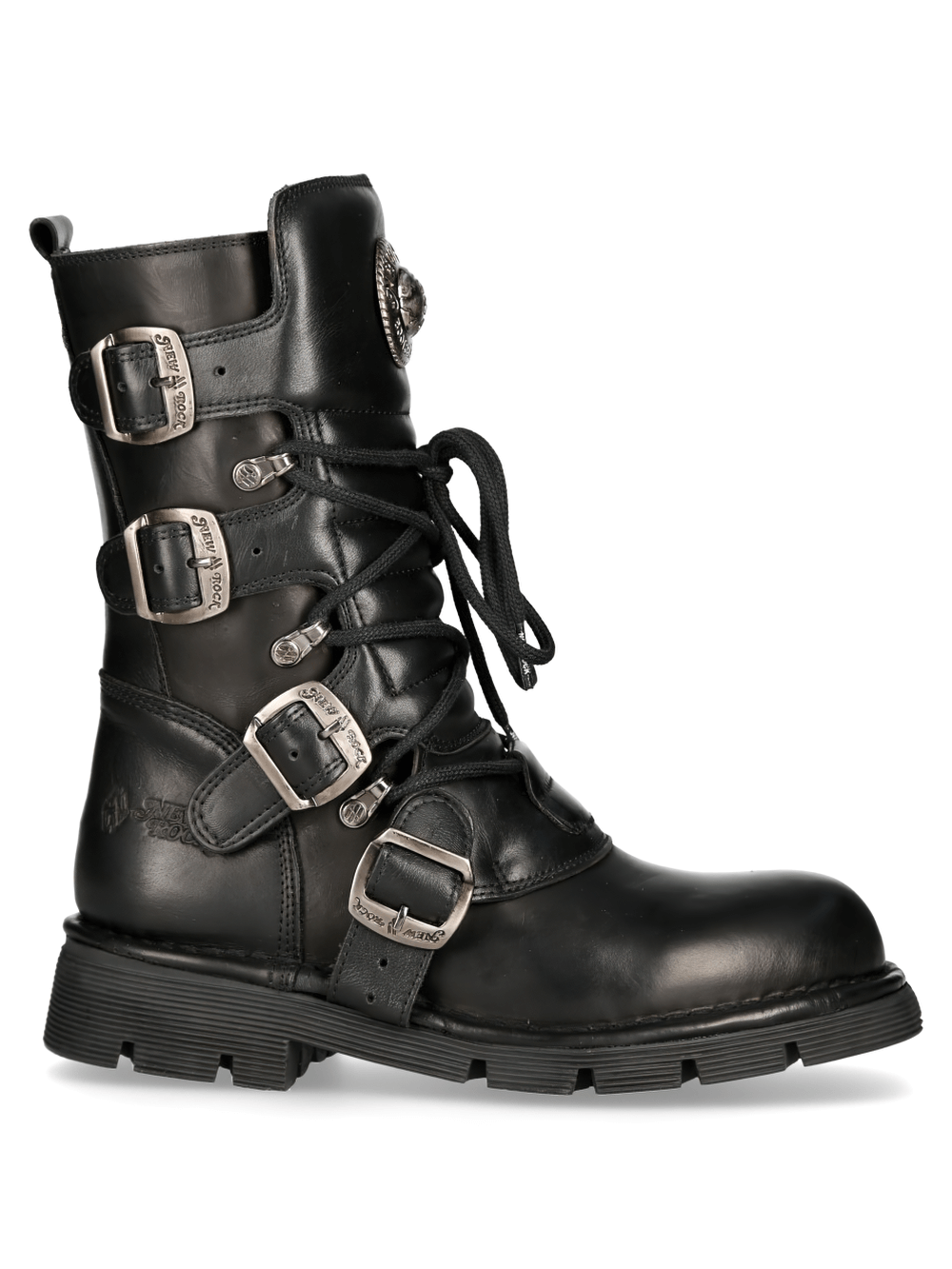 NEW ROCK Men's Gothic Military Black Leather Combat Boots with buckles and metallic accents