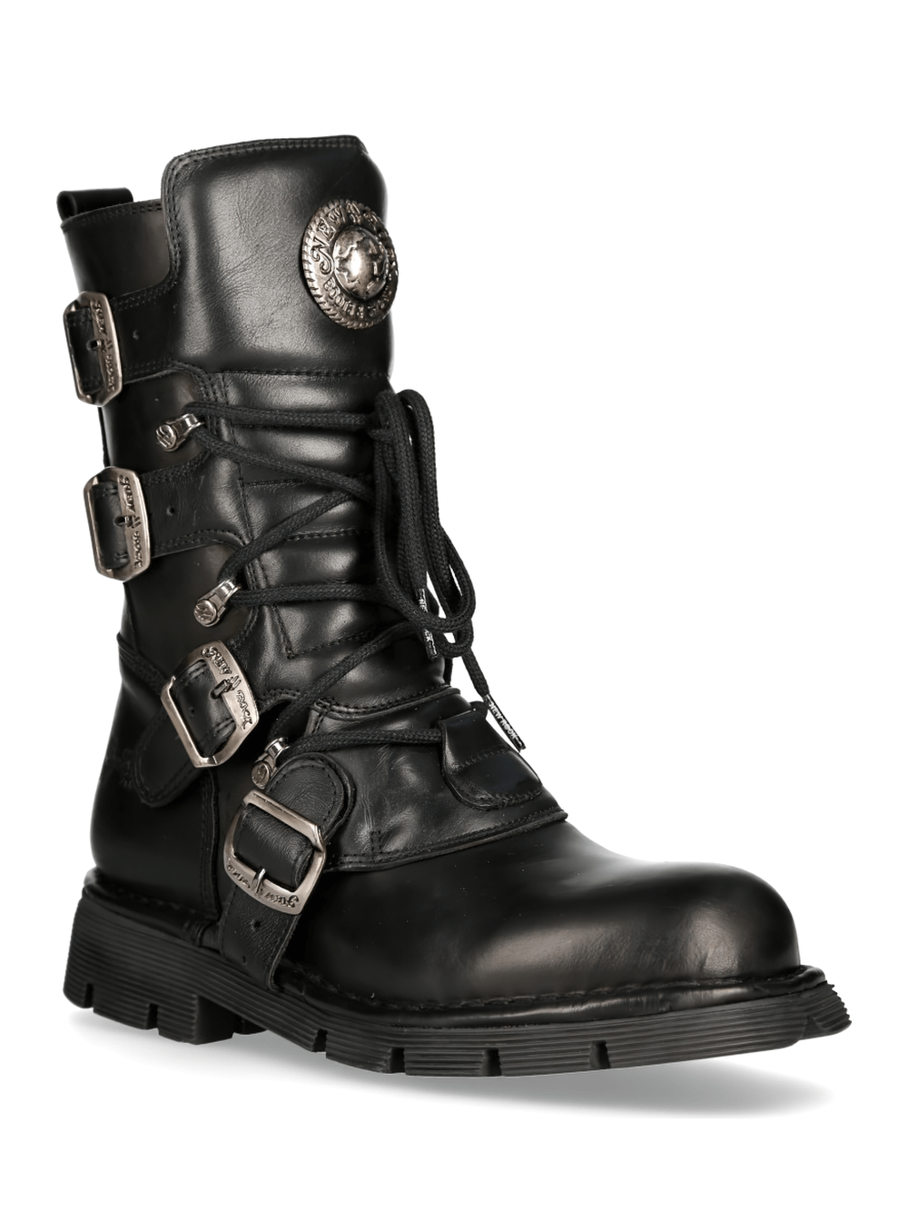 NEW ROCK Men's Gothic Military Black Leather Combat Boots with buckles and metallic accents.