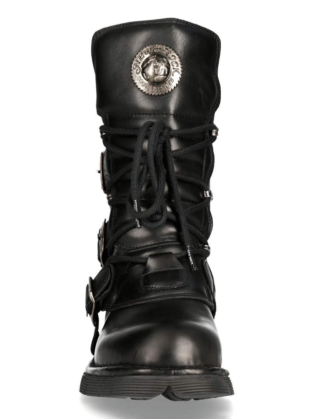 Front view of NEW ROCK Men's Gothic Military Black Leather Combat Boots with buckles and metallic accents.