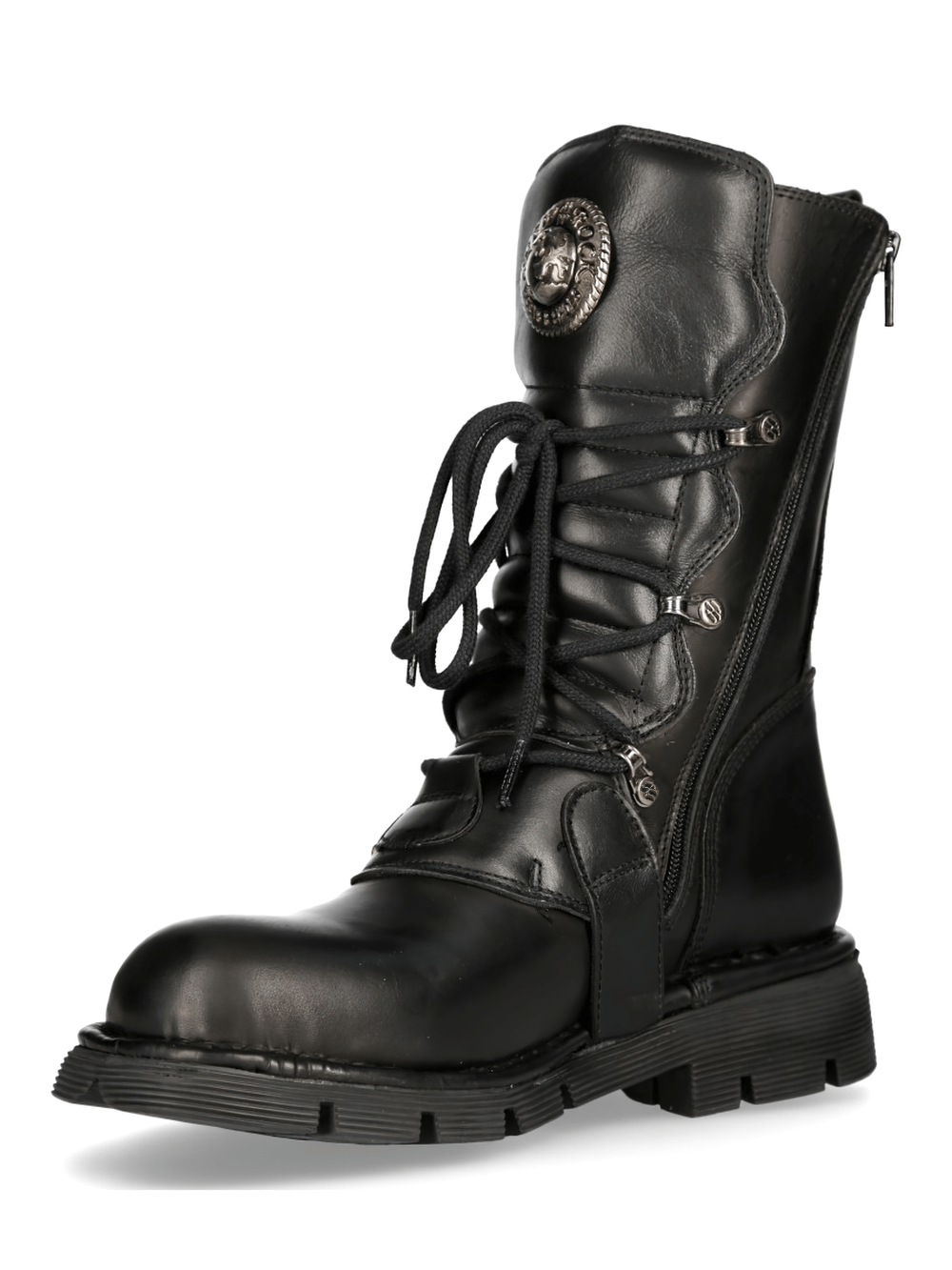 NEW ROCK Gothic military black leather combat boots with lace-up front and bold buckle accents.