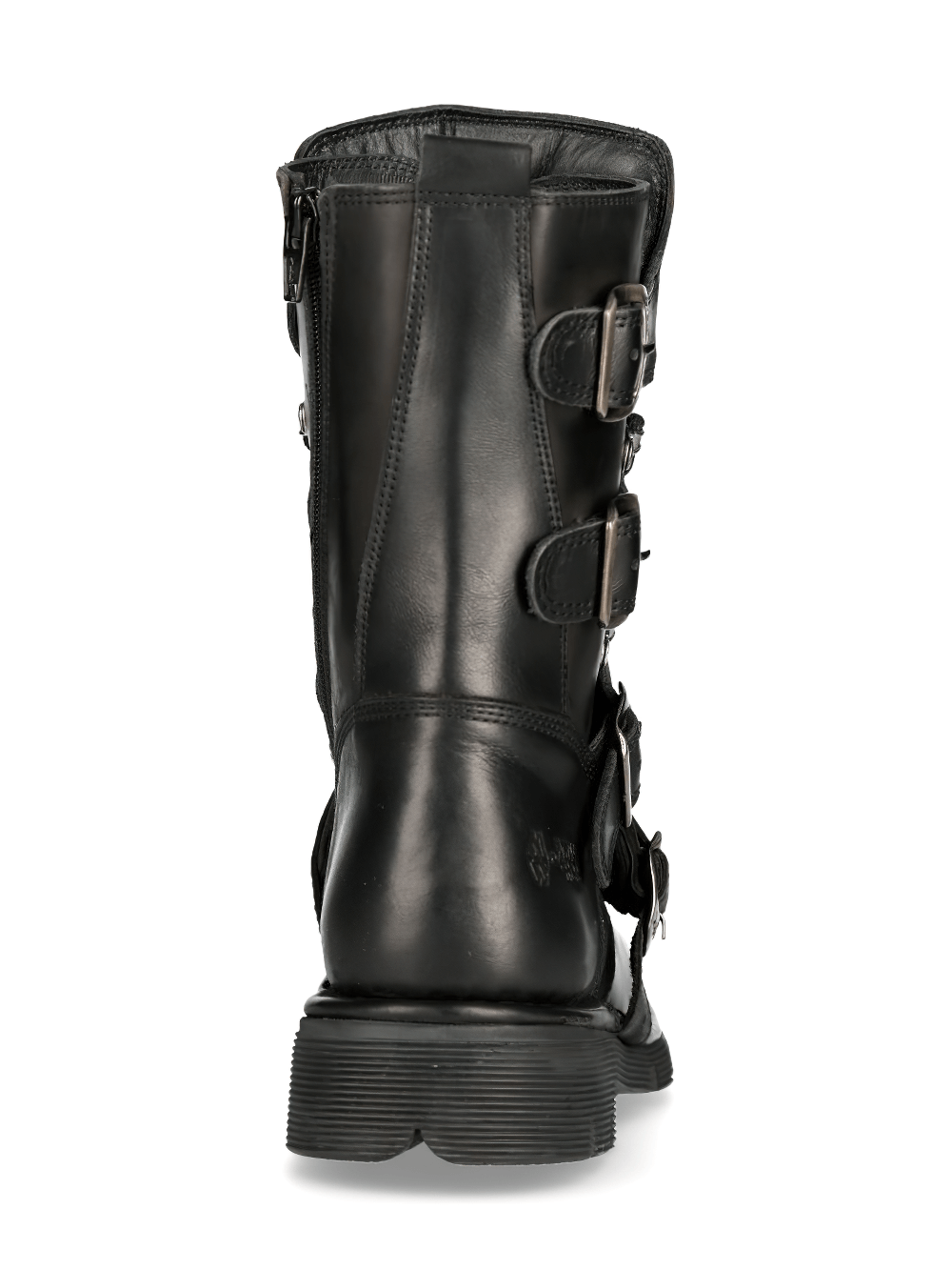 Back view of NEW ROCK men's gothic black leather buckled combat boots with metallic accents.