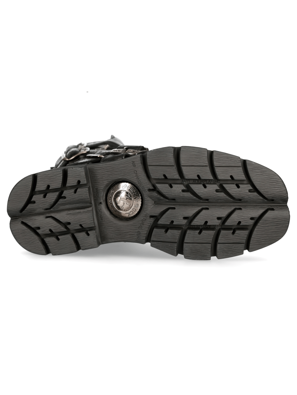 Sole of NEW ROCK Men's Gothic Military Black Leather Combat Boots with unique traction design.