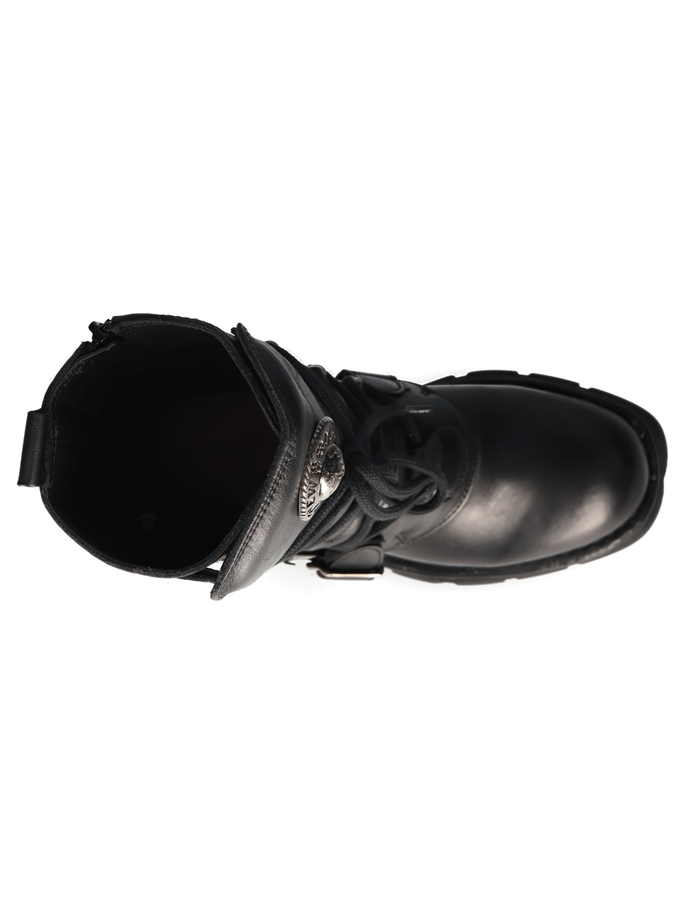 Top view of NEW ROCK Men's Gothic Military Black Leather Combat Boots with buckles and metallic accents.