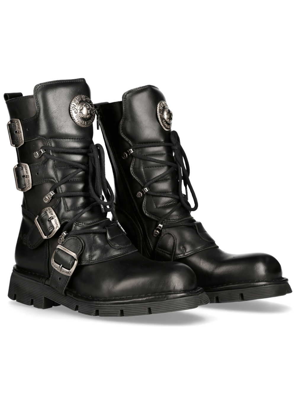 NEW ROCK Men's Gothic Military Black Leather Combat Boots with buckles and metallic accents