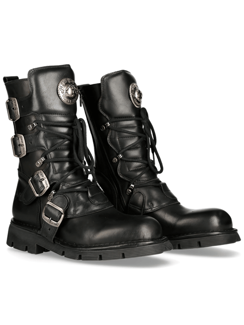 NEW ROCK Women's Gothic Military Black Leather Combat Boots
