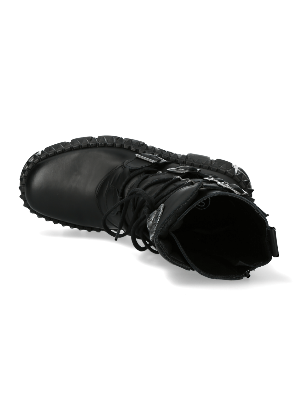 Top view of NEW ROCK Gothic Military Lace-Up Ankle Boots featuring black leather and rugged sole.