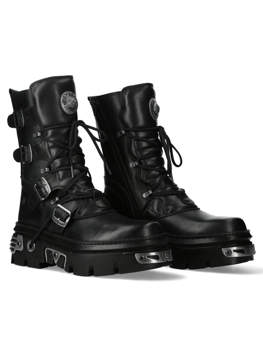 NEW ROCK Gothic Military Punk Boots in black leather with buckles and zippers for edgy urban fashion.