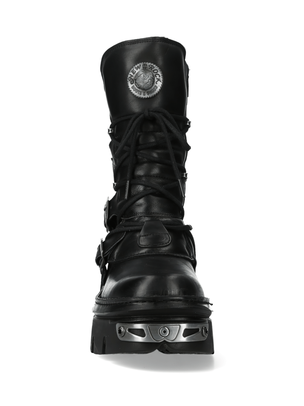 Front view of NEW ROCK Gothic Military Punk Boots with buckles and zipper for urban fashion.