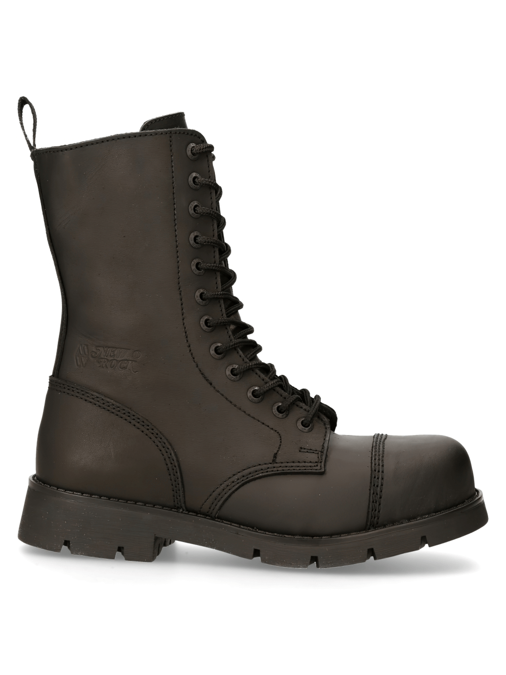 NEW ROCK Men's Gothic Military Leather Ankle Boots with steel toe, flat heel, and robust rubber sole, perfect for rugged style.
