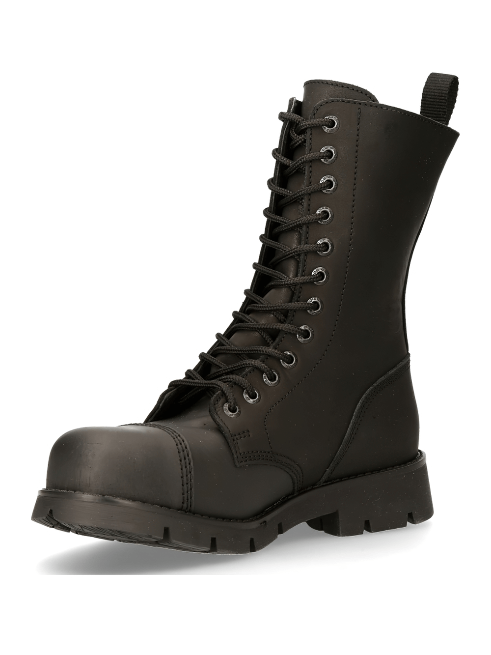 Black Gothic military style ankle boots with steel toe cap, lace-up design, and rugged rubber sole.