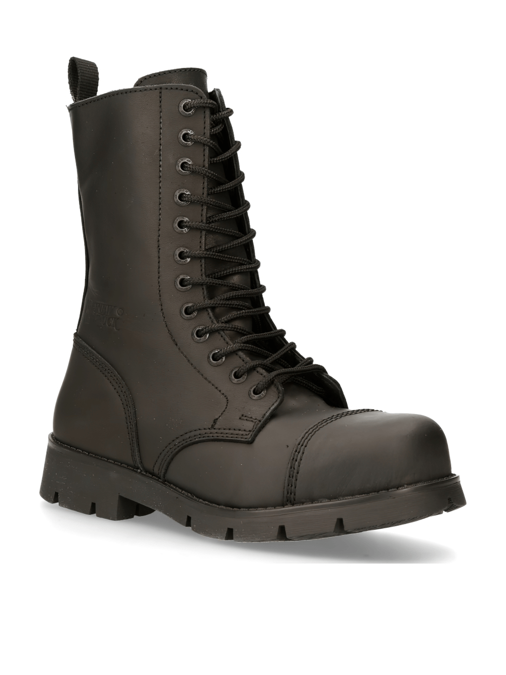 NEW ROCK steel toe cap leather ankle boot in black, showcasing rugged military style and durable design.