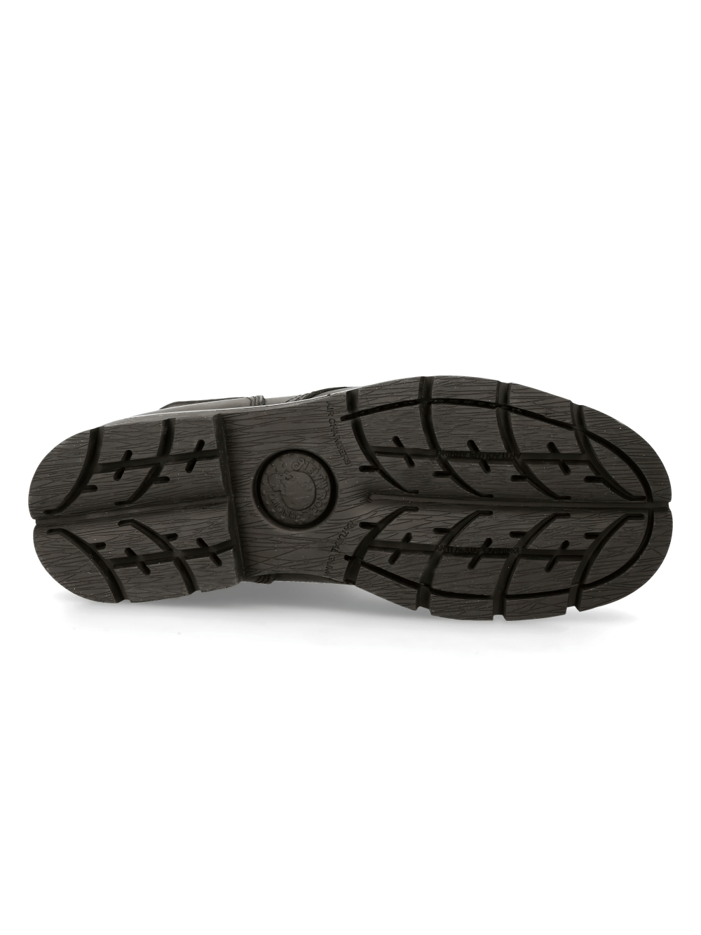 Bottom view of NEW ROCK Men's Gothic Military Style Leather Ankle Boots with rugged tread for enhanced grip and durability.