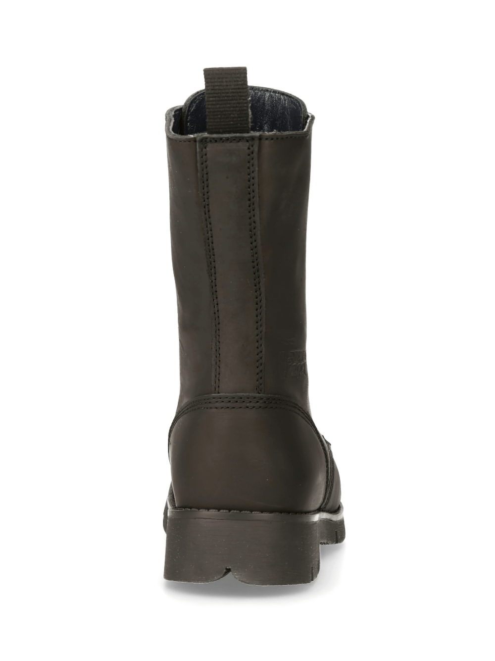 Back view of NEW ROCK Men's Gothic Military Style Leather Ankle Boots with flat heel and steel toe cap.