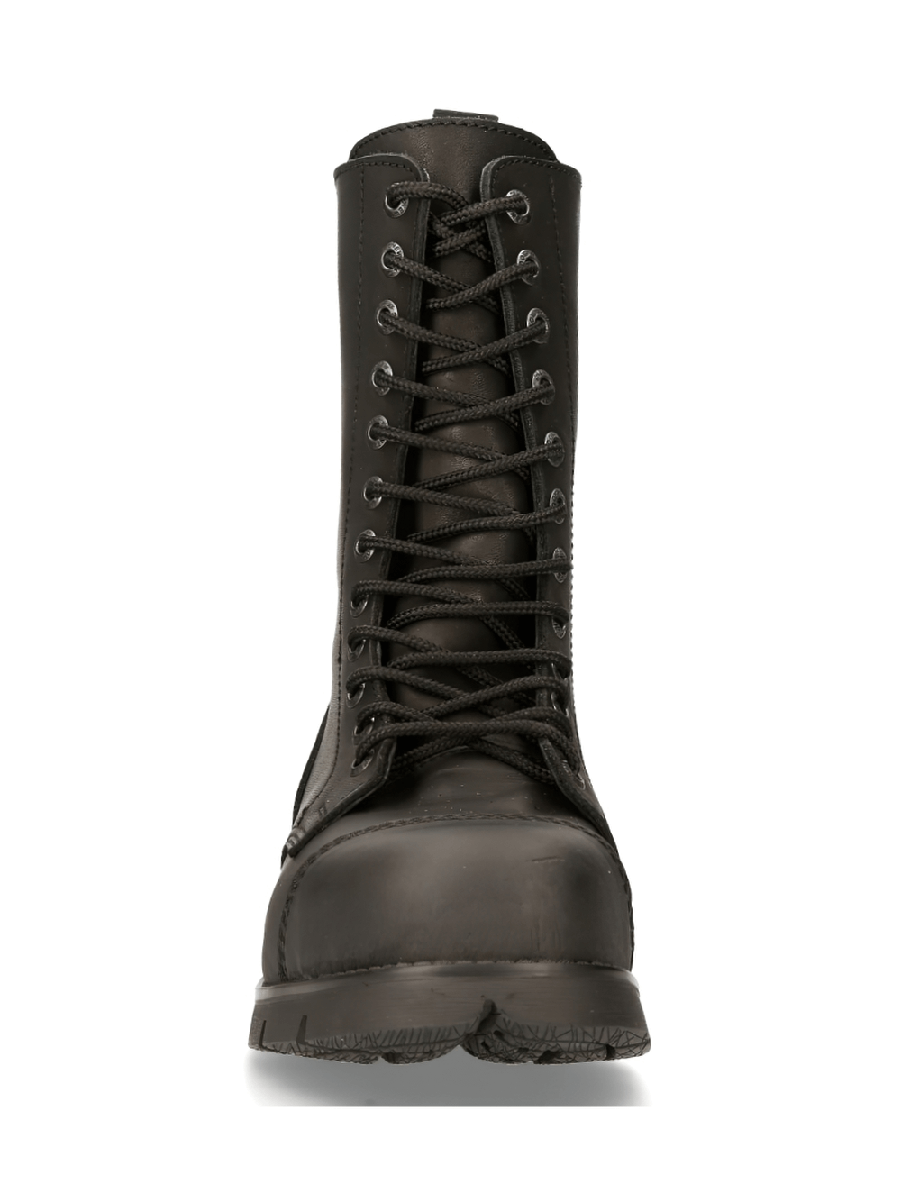 Front view of NEW ROCK Gothic Military Style Leather Ankle Boots with rugged steel toe cap and laces.