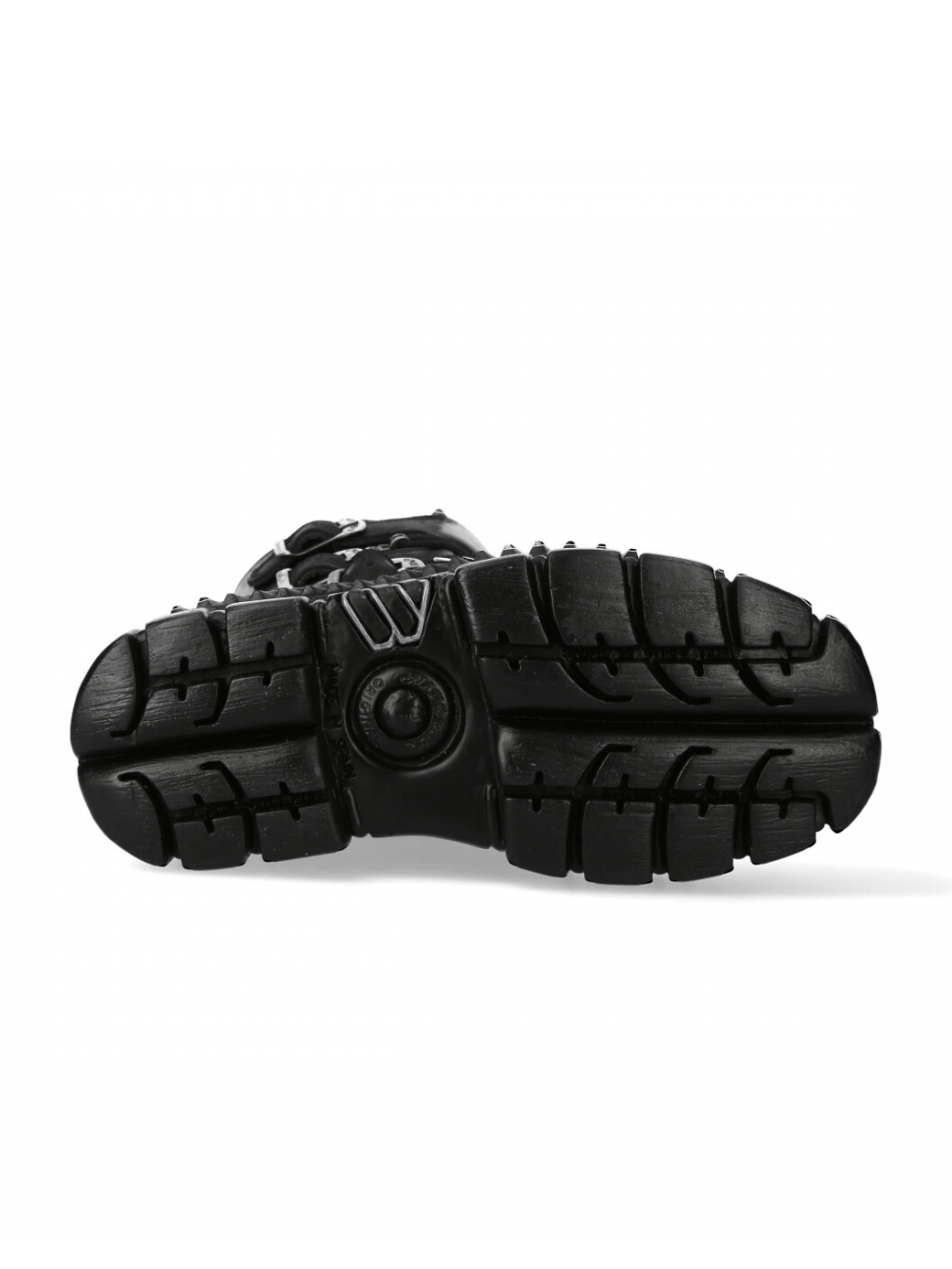 Sole view of NEW ROCK Gothic military style platform boots with rugged tread and buckles.