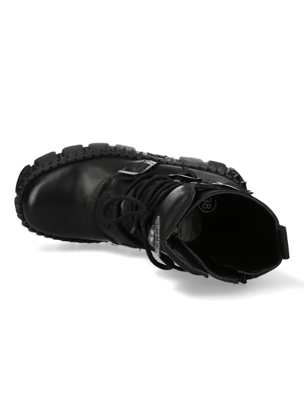 Top view of NEW ROCK Gothic Military Platform Boots with buckles and rugged sole, perfect for punk rock fashion.