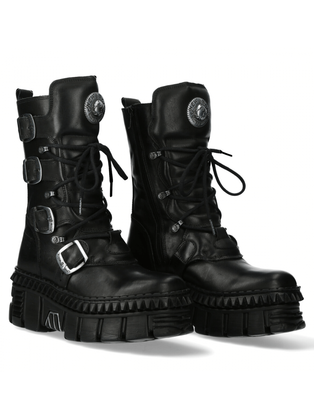 NEW ROCK Gothic Military Style Platform Boots with Buckles in black leather, featuring a bold punk rock design and metallic accents.