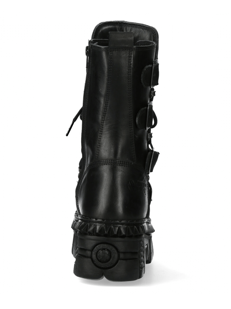 Back view of NEW ROCK Gothic Military Style Platform Boots with buckles and metallic accents, perfect for punk and rock fashion.