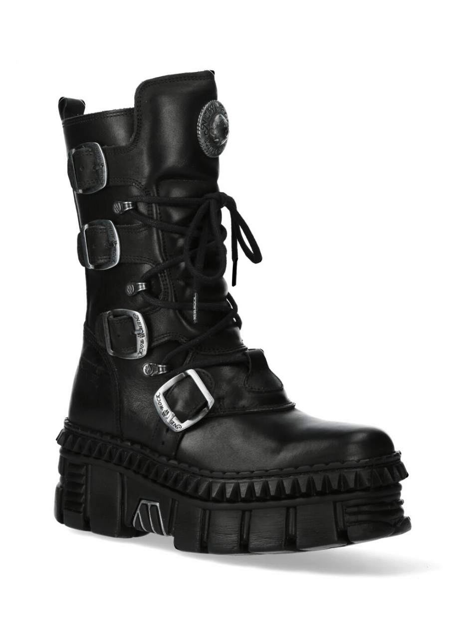 NEW ROCK Gothic military-style platform boots with buckles, featuring metallic accents and a punk rock design.